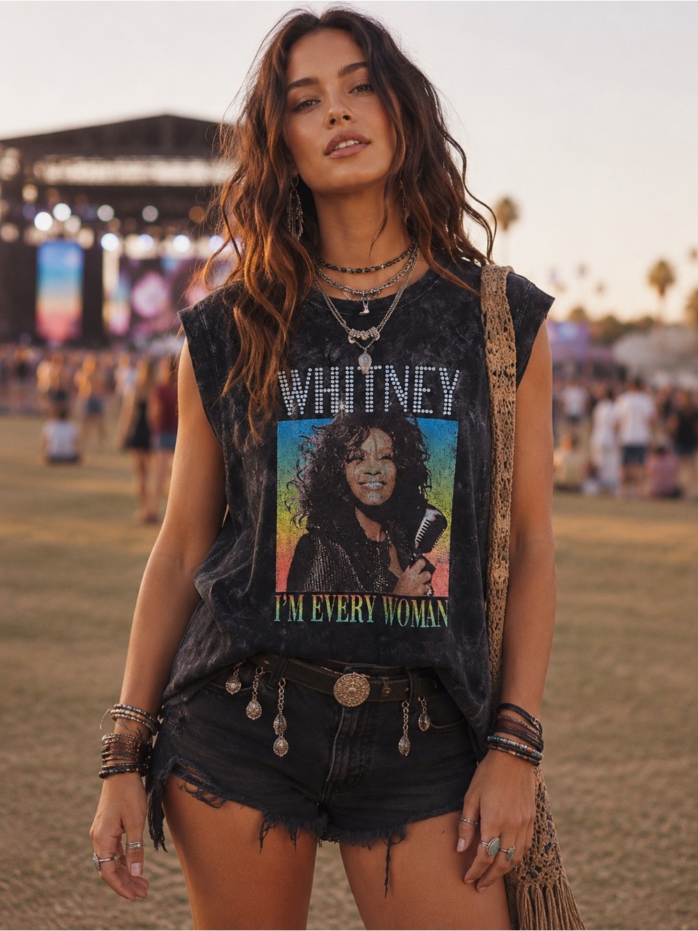 Whitney Graphic Muscle Tee in Black - I'm Every Woman acid washed xl - Picture 1 of 8